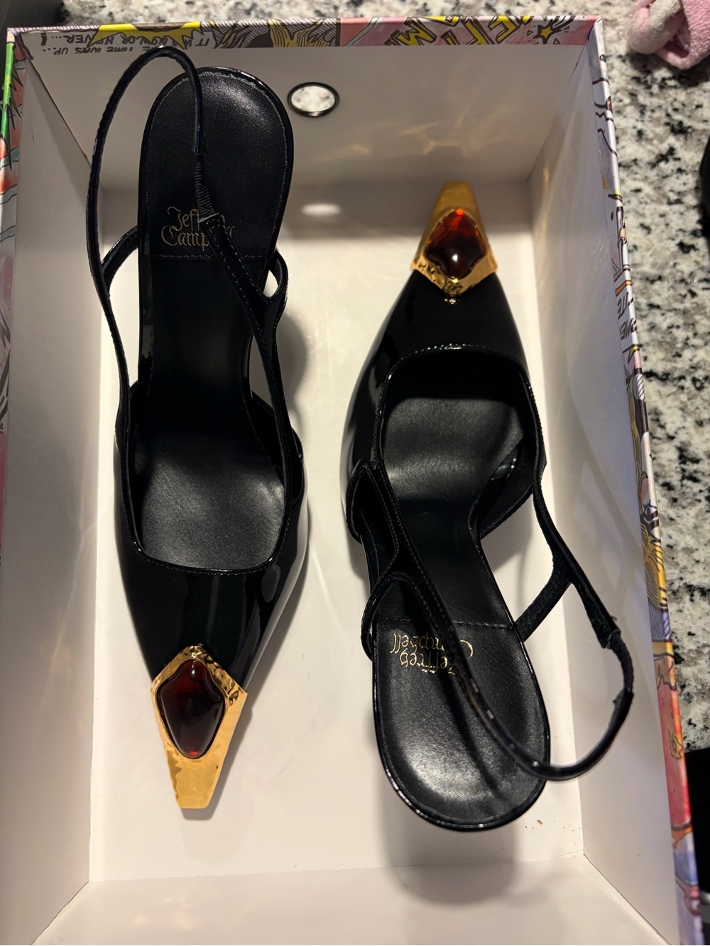 NEW! Jeffrey Campbell Sorcerer Black Patent Slingback with Gold-Tone Gem Accent - Picture 5 of 10